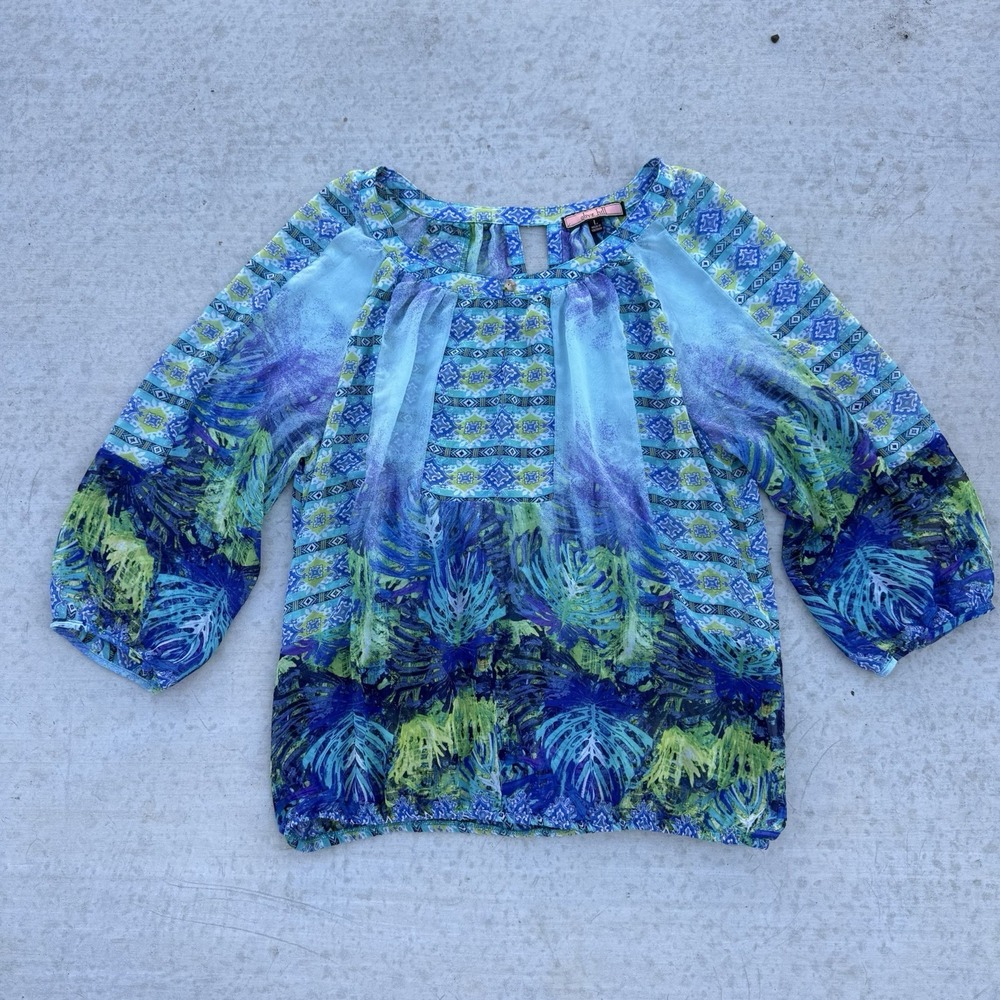 Olive Hill Women's‎ Floral Sheer Blue Blousen Sleeve Top Size L Boho Colorful